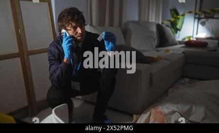 Un jeune homme avec une barbe examine des preuves sur une scène de crime à l'intérieur, portant un badge de détective, des gants et utilisant un téléphone. Banque D'Images