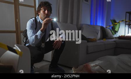 Un jeune homme hispanique avec une barbe, vêtu de vêtements de police, enquête sur une scène de crime à l'intérieur, en utilisant une lampe de poche pour rechercher des indices. Banque D'Images