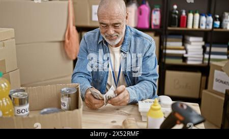 Un homme mûr compte l'argent dans un centre de dons entouré de boîtes et de fournitures. Banque D'Images