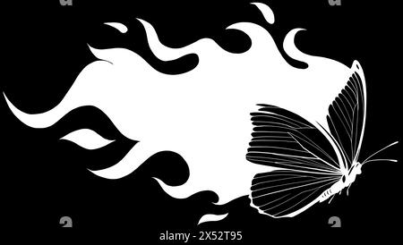 silhouette blanche de papillon faite de feu sur fond noir Illustration de Vecteur