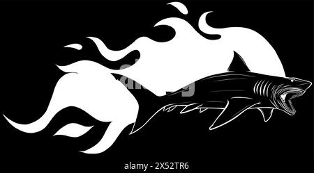 Silhouette blanche de requin danger avec des flammes fon fond noir Illustration de Vecteur