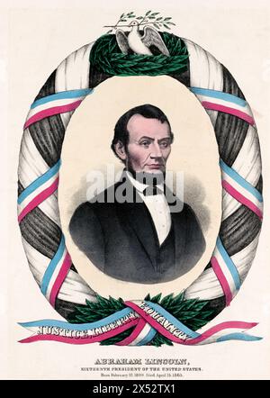 Abraham Lincoln, seizième président des États-Unis. Né le 12 février 1809. Décédé le 15 avril 1865 - L'estampe mémorial montre un portrait de buste d'Abraham Lincoln entouré d'une guirlande recouverte d'un ruban rouge, blanc et bleu inscrit Justice, liberté, égalité. Une colombe avec un rameau d'olivier dans son bec se trouve dans un nid de laurier au sommet de la guirlande Banque D'Images