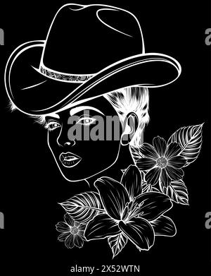 silhouette blanche de fille de pays, cowgirl sur fond noir Illustration de Vecteur