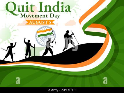Quittez India Movement Day Vector illustration le 8 août avec le drapeau indien et la silhouette des gens dans Flat Cartoon Background Design Illustration de Vecteur