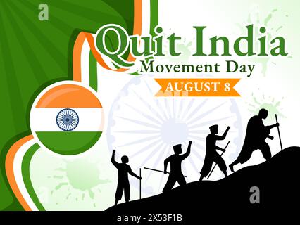 Quittez India Movement Day Vector illustration le 8 août avec le drapeau indien et la silhouette des gens dans Flat Cartoon Background Design Illustration de Vecteur