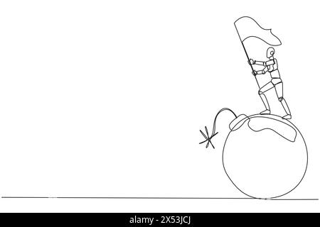 Dessin continu d'une ligne d'intelligence artificielle robotique debout sur une grosse bombe avec un fusible brûlant tenant un drapeau. Concept de business near Deadl Illustration de Vecteur