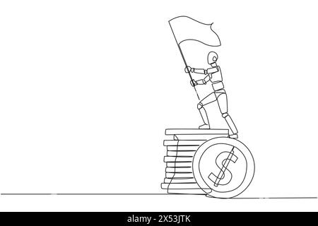 Dessin d'une seule ligne continue d'intelligence artificielle robotique debout sur une pile géante de pièces de monnaie tenant un drapeau flottant. Robot de technologie future de Illustration de Vecteur