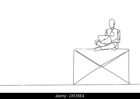 Intelligence artificielle robotique de dessin de ligne continue unique assis sur l'icône géante de l'e-mail ordinateur portable de saisie. Robots de réponse aux messages électroniques. Futur tehnol Illustration de Vecteur