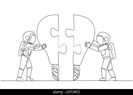 Une seule ligne continue dessinant deux astronautes poussant deux pièces de puzzle en forme d'ampoule. La métaphore rassemble deux idées. Travail d'équipe de deux astronautes Illustration de Vecteur