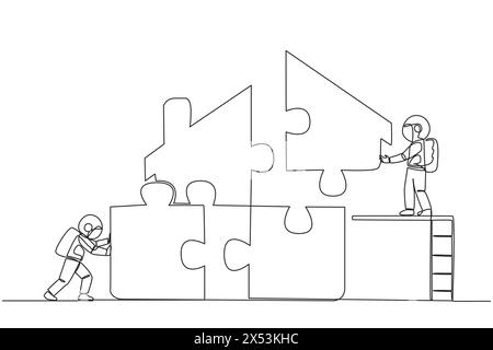 Continu une ligne dessinant deux astronautes ont mis ensemble puzzle carré en forme de maison. Le travail d'équipe et les échelles rendent la mise en place de puzzles même e Illustration de Vecteur