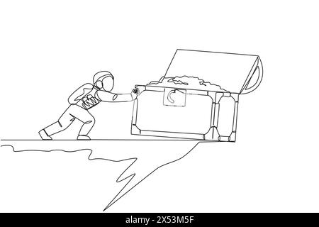 Un seul dessin d'une ligne astronaute pousse un coffre au trésor géant ouvert sur le bord de la falaise. Homme dur dans l'espace extra-atmosphérique. Concept d'espace de galaxie cosmique. SPAC Illustration de Vecteur