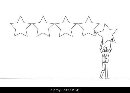 Continu une ligne dessinant jeune homme se tenait debout tenant une étoile avec les deux mains et la collant jusqu'à faire 5 étoiles dans une rangée. Donnez le meilleur avis. En ligne Illustration de Vecteur