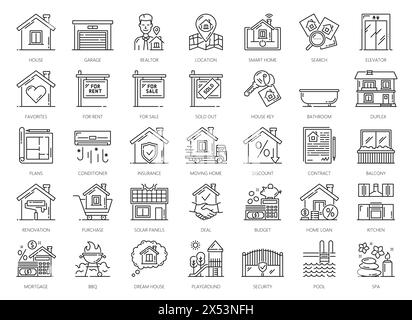 Icônes immobilières définies. Hypothèque et louer appartement maison, assurance et symboles vectoriels intérieurs. Bâtiments résidentiels en ligne mince, clés, agent immobilier et document contractuel, plan, carte de localisation et poignée de main Illustration de Vecteur