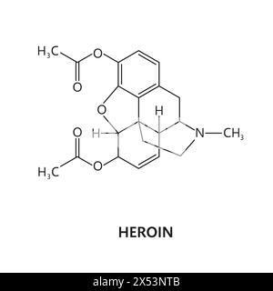 Molécule médicamenteuse d'héroïne, formule et structure chimique du narcotique opioïde, modèle vectoriel. Héroïne ou diacétylmorphine, drogue synthétique, stimulant interdit et substance psychoactive structure moléculaire Illustration de Vecteur