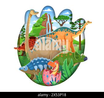 Empreinte de dinosaure coupé en papier avec des personnages de dinosaure dans la forêt tropicale. Dessin animé tricératops mignon, stégosaure et bébé dinosaure dans l'oeuf, brontosaure drôle et brachiosaurus, paysage de la nature préhistorique Illustration de Vecteur