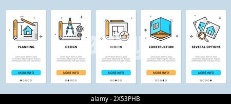 Icônes de développement, de rénovation et d'intérieur d'architecte, modèles vectoriels d'écrans d'intégration d'applications mobiles. Bannières d'interface utilisateur d'application Web de construction et d'architecture avec plan de construction, projet de maison Illustration de Vecteur