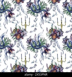Motif floral gothique sans couture avec serpent isolé sur blanc. Fleur d'iris violet et aquarelle de lis noir. Décoration d'art botanique pour mariage noir, Banque D'Images
