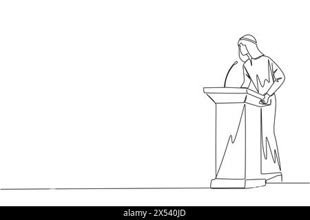 Une seule ligne dessinant le discours d'un homme d'affaires arabe debout sur le podium. Donnez l'oration que les affaires mondiales peuvent être plus indépendantes. Encouragez par Wor Illustration de Vecteur