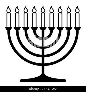 Hanukkah menorah, illustration de silhouette vectorielle en noir et blanc de hanukkiah candélabre à neuf branches avec des bougies Illustration de Vecteur