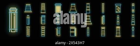 Icônes de cheminée définir le vecteur de contour. Balai de toit. Matériel de construction couleur néon sur noir Illustration de Vecteur