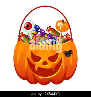 Seau à citrouille d'Halloween avec bonbons. Spooky face Pumpkin sac avec sucettes, bonbons, bonbons. Panier à friandises Illustration de Vecteur