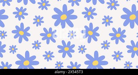 Motif sans couture de fleurs groovy. Marguerite bleue dessinée à la main naïve sur fond beige Illustration de Vecteur