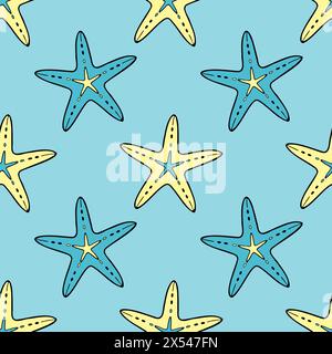 Motif bleu mer avec étoiles de mer dans le style doodle, océan, fond avec habitants de la mer, monde sous-marin. Illustration vectorielle Illustration de Vecteur