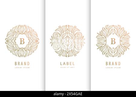 Ensemble vectoriel de logos de luxe de ligne florale, ornement de conception de feuille, emblème organique rond vintage. Utilisation pour spa, bijoux, vin, yoga, etc Badges royaux Illustration de Vecteur