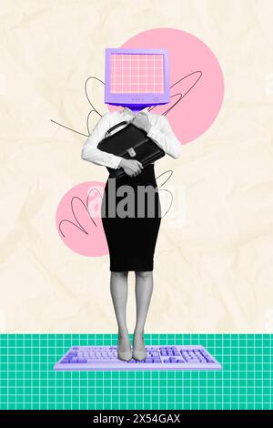 Collage vertical image jeune femme sans tête debout écran de moniteur pc diplomate clavier de secrétaire de travailleur d'entreprise fond damé Banque D'Images