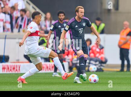 Stuttgart, Allemagne. 04 mai 2024. Harry Kane, FCB 9 Competition for the ball, Tackling, duel, header, zweikampf, action, combat contre Jamie Leweling, VFB 18 dans le match VFB STUTTGART - FC BAYERN MUENCHEN 3-1 le 4 mai 2024 à Stuttgart, Allemagne. Saison 2023/2024, 1.Bundesliga, journée 32, 32.Spieltag, Muenchen, Munich photographe : ddp images/STAR-images - LA RÉGLEMENTATION DFL INTERDIT TOUTE UTILISATION DE PHOTOGRAPHIES comme SÉQUENCES D'IMAGES et/ou QUASI-VIDÉO - crédit : ddp Media GmbH/Alamy Live News Banque D'Images