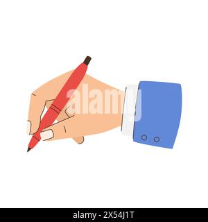 Une main tient un stylo rouge et écrit. Concept de créativité et importance de l'écriture. Illustration vectorielle plate isolée sur fond blanc. Illustration de Vecteur