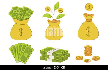 Un ensemble avec des sacs d'argent, avec une plante, avec un signe du dollar. Pile de billets de banque, pièces de monnaie. Dollars américains, espèces, billets verts,. Illustration vectorielle plate Illustration de Vecteur