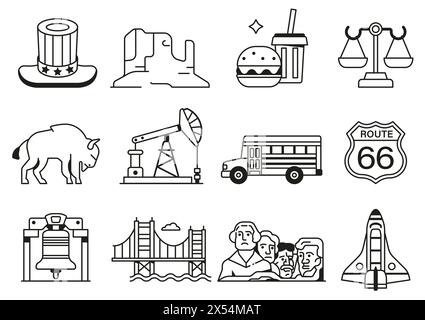 Icônes USA et éléments de design dans Line Art Illustration de Vecteur