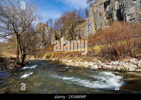 Rivière Hoenne devant la formation rocheuse sept Vierges au printemps, Allemagne, Rhénanie du Nord-Westphalie, Sauerland, Balve Banque D'Images