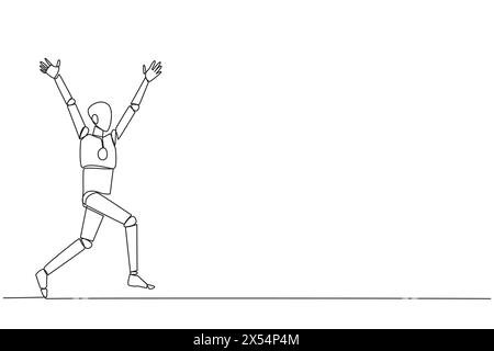 Robot de dessin d'une ligne unique en cours d'exécution pour célébrer le succès de l'entreprise. Comme un joueur de football qui marque des buts, faire célèbre. Réussite. Technologie IA Illustration de Vecteur