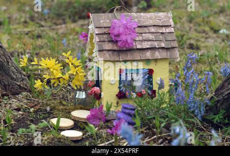 Mignonne maison de poupée fée avec des fleurs de printemps à l'extérieur dans le jardin. Belle miniature pour cartes de voeux, mariage ou concept d'anniversaire, immobilier, downsi Banque D'Images