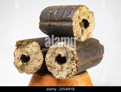 Charbons de bois, combustible solide renouvelable fabriqué à partir de la balle de riz. Cuisiner dans une fête de village sur un four temporaire en briques avec du combustible de briquette Rice Husk. Agro-RES Banque D'Images