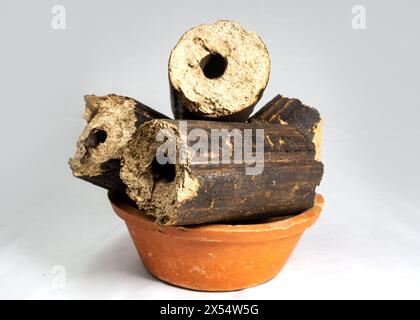 Charbons de bois, combustible solide renouvelable fabriqué à partir de la balle de riz. Cuisiner dans une fête de village sur un four temporaire en briques avec du combustible de briquette Rice Husk. Agro-RES Banque D'Images