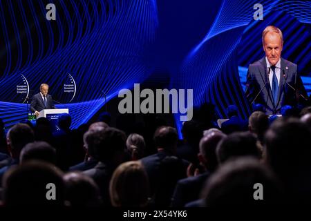 Katowice, Varsovie, Pologne. 7 mai 2024. Le premier ministre de la République de Pologne Donald Tusk intervient lors de l'inauguration du 16e Congrès économique européen (CEE) au Centre international des congrès de Katowice, en Pologne. (Crédit image : © Maciek Jazwiecki/ZUMA Press Wire) USAGE ÉDITORIAL SEULEMENT! Non destiné à UN USAGE commercial ! Banque D'Images