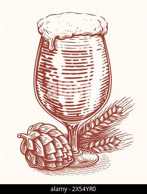 Dessin de verre de bière, houblon et épis de blé dans le style de gravure. Pub, concept de brasserie. Esquisse clipart Illustration de Vecteur