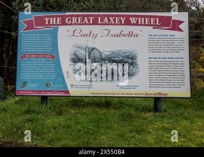 L'image est de la grande roue à eau de Laxey connue sous le nom d'Isabella dans le village de Laxey sur la côte est de l'île de Man Banque D'Images