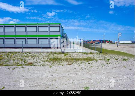 Hôtel au travail sur Maasvlakte un hôtel temporaire a été construit pour loger les ouvriers étrangers et les travailleurs qui construisent 2e Maasvlakte / 2e Maasvlakte. Rotterdam, pays-Bas. Rotterdam Maasvlakte 1 Zuid-Holland Nederland Copyright : xGuidoxKoppesx Banque D'Images