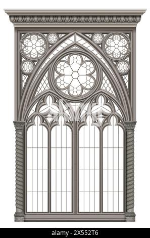 Fenêtre cathédrale gothique réaliste avec vitraux Illustration de Vecteur