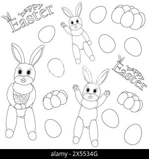 Lièvre avec des oeufs décorés dans ses pattes, des oeufs de Pâques. Joyeuses inscriptions de Pâques. Jolies pages de coloriage de Pâques pour enfants. Tracé de contour vectoriel Illustration de Vecteur