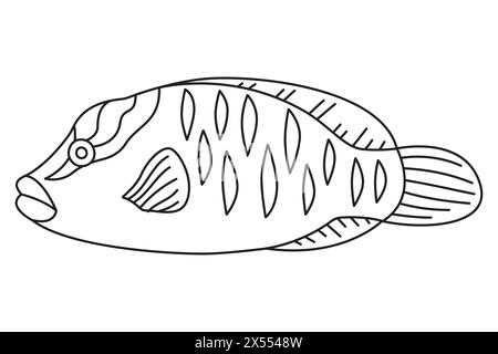 Poissons tropicaux. Simple dessiné à la main. Isolé sur fond blanc. Dessin au trait Art thérapie page de coloriage pour les enfants et les adultes. Illustration vectorielle en noir et blanc Illustration de Vecteur