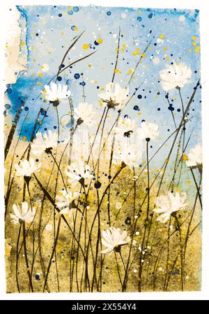 peinture à l'aquarelle dessinée à la main de petites fleurs sauvages. peinture de paysage avec des pétales blancs en fleurs, bourgeons, tige, camomille, silhouette de plante, ba abstrait Illustration de Vecteur