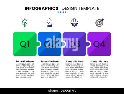 Modèle d'infographie avec icônes et 4 options ou étapes. Puzzle. Peut être utilisé pour la mise en page de flux de travail, le diagramme, la bannière, la conception Web. Illustration vectorielle Illustration de Vecteur