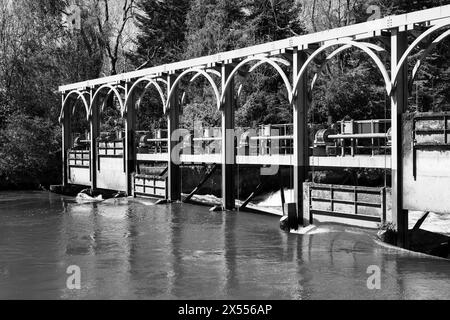 B&W Marsh Lock, Henley-on-Thames, Oxfordshire, Angleterre, Royaume-Uni, GB. Banque D'Images