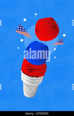 Affiche. Collage d'art contemporain. Cône de crème glacée avec trois cuillères et de petits drapeaux américains sur fond bleu. Effet tissu granuleux. Banque D'Images