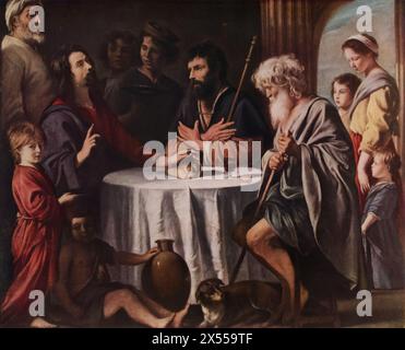 Les pèlerins d'Emmaus de Louis le Nain, datés de 1635, conservés au Musée du Louvre, Paris, France. Ce tableau capture la scène biblique où Jésus, méconnu, rejoint deux de ses disciples à la table d’Emmaus après sa résurrection. Louis le Nain, connu pour ses peintures de genre représentant la vie paysanne, apporte une approche humble et intime de ce sujet religieux. Banque D'Images